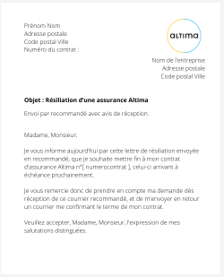 la lettre pour resilier une assurance altima