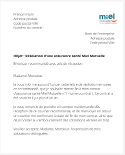 la lettre pour resilier une complementaire sante miel mutuelle