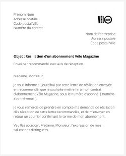 la lettre pour resilier un abonnement velo magazine