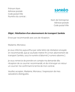 la lettre pour resilier un titre de transport sankeo