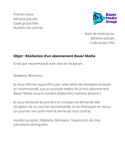 la lettre pour resilier un abonnement bauer media