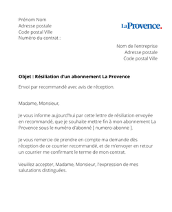 la lettre pour resilier un abonnement la provence