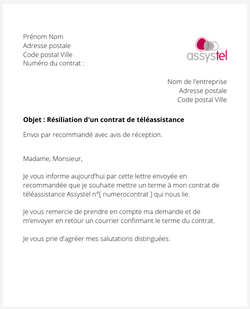 la lettre pour resilier une teleassistance assystel