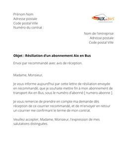 la lettre pour resilier un abonnement aix en bus