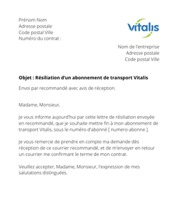 la lettre pour resilier un titre de transport vitalis