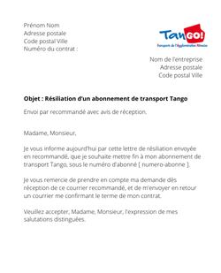 la lettre pour resilier un titre de transport tango