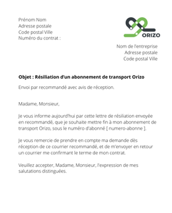 la lettre pour resilier un titre de transport orizo