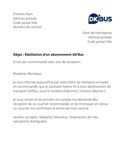 la lettre pour resilier un abonnement dk bus