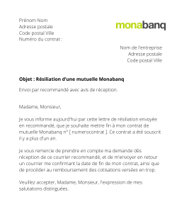 la lettre pour resilier une mutuelle monabanq