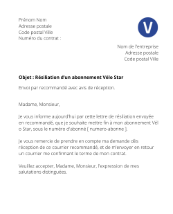 la lettre pour resilier un abonnement velo star