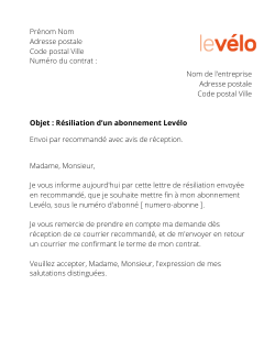 la lettre pour resilier un abonnement levelo