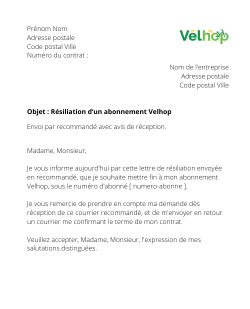 la lettre pour resilier un abonnement velhop