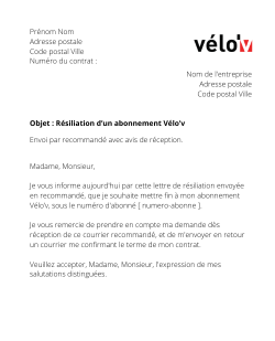 la lettre pour resilier un abonnement velov