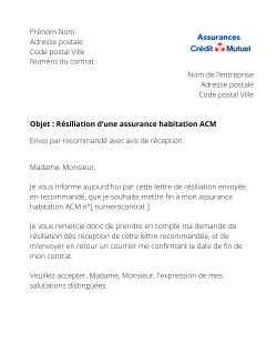 la lettre pour resilier une assurance habitation acm