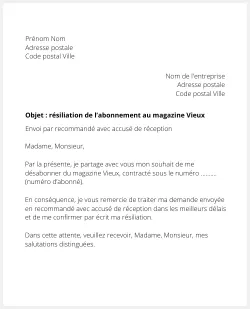 la lettre pour resilier un abonnement au magazine vieux