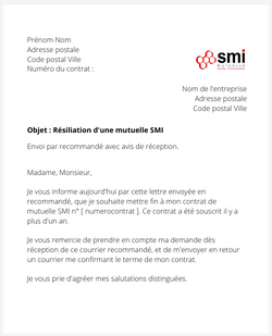 la lettre pour resilier une mutuelle smi