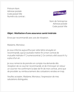 lettre pour resilier une mutuelle interiale