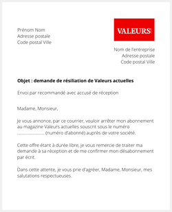 la lettre pour resilier un abonnement valeurs actuelles