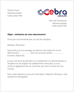 la lettre pour resilier un abonnement presse du groupe ebra