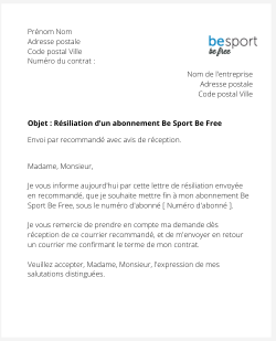 la lettre pour resilier un abonnement be sport be free