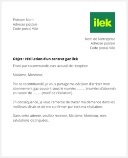 lettre resiliation gaz ilek