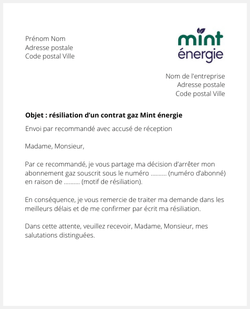 lettre resiliation gaz mint energie