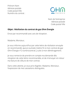 la lettre pour resilier un abonnement de gaz ohm energie