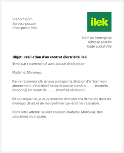 lettre resiliation electricite ilek